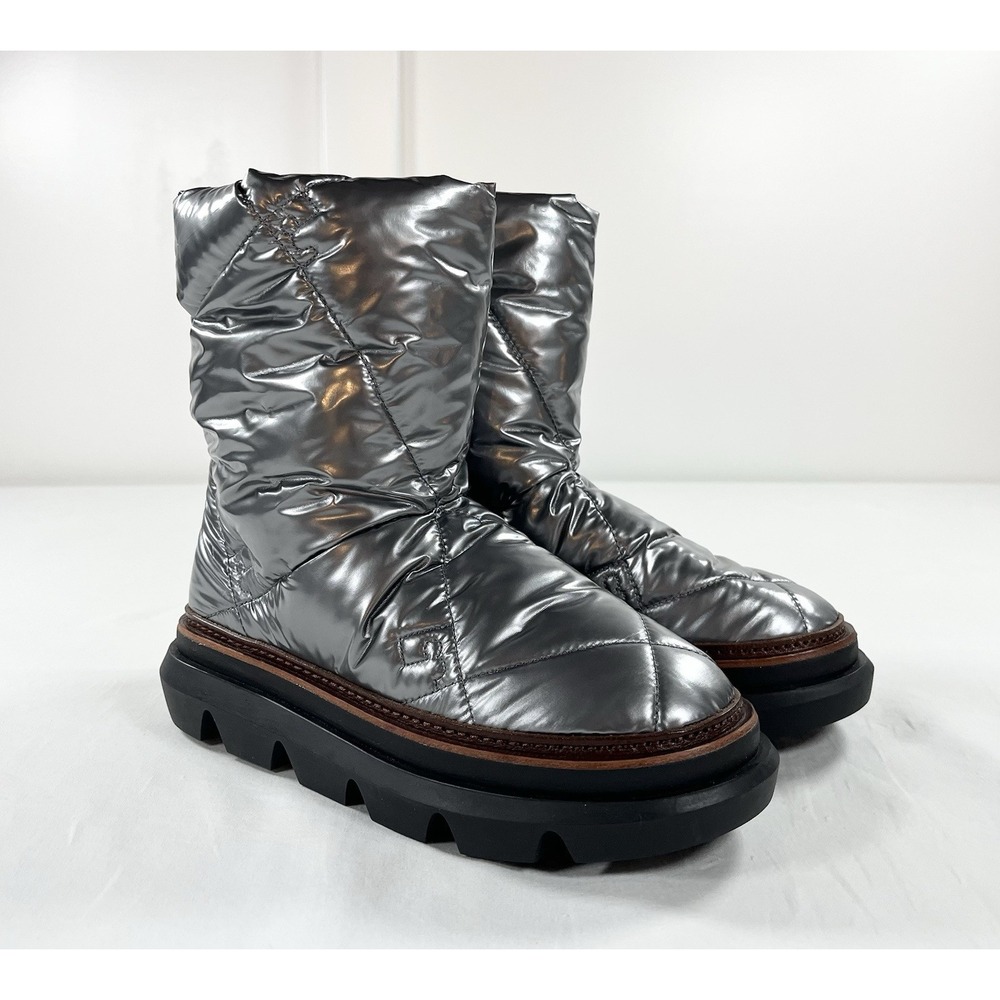 Tory Burch Sleeping Bag Lug Sole Puffer Boot Silver Quilted Winter Womens 7.5